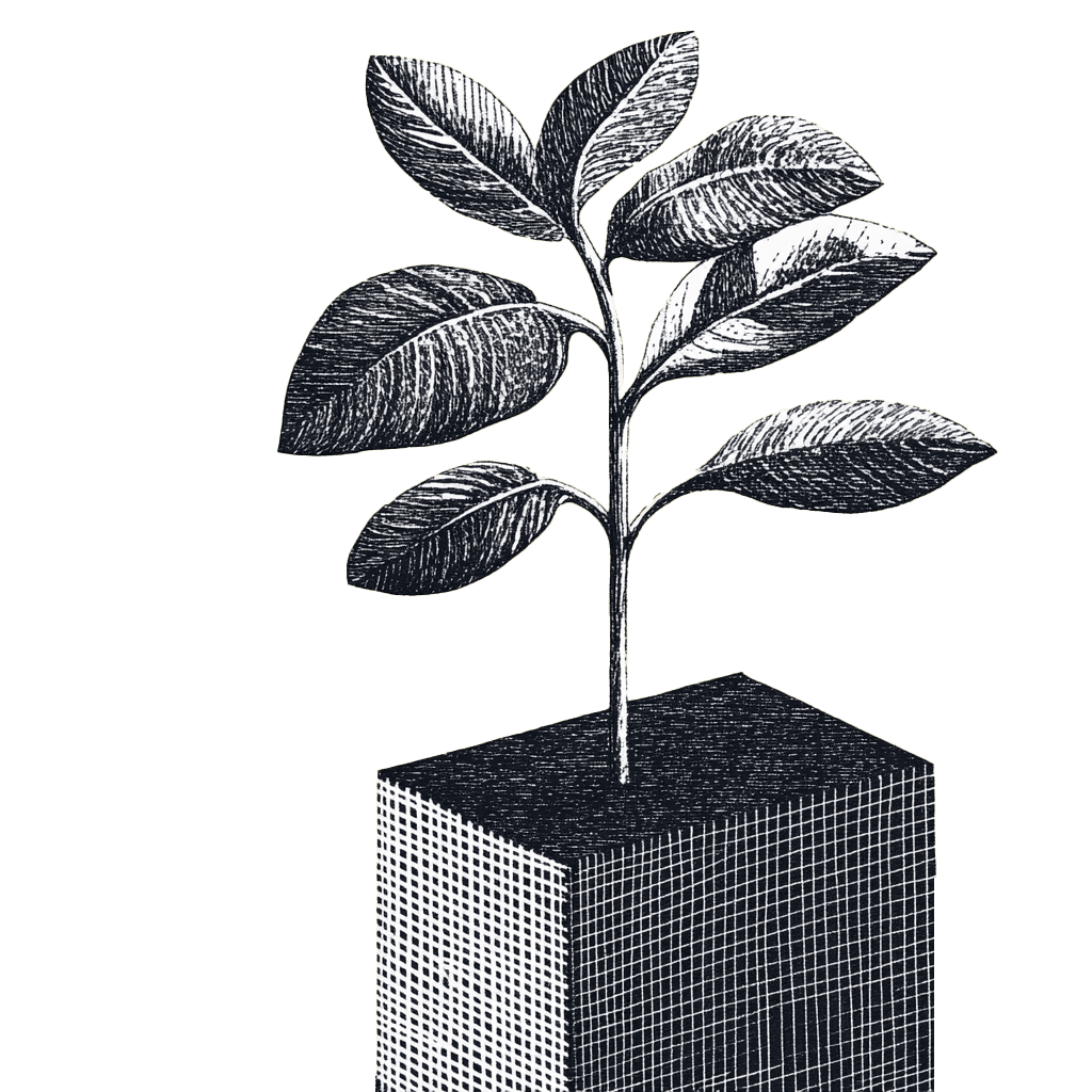 Illustration en noir et blanc d'une plante avec des feuilles, poussant d'un cube quadrillé.