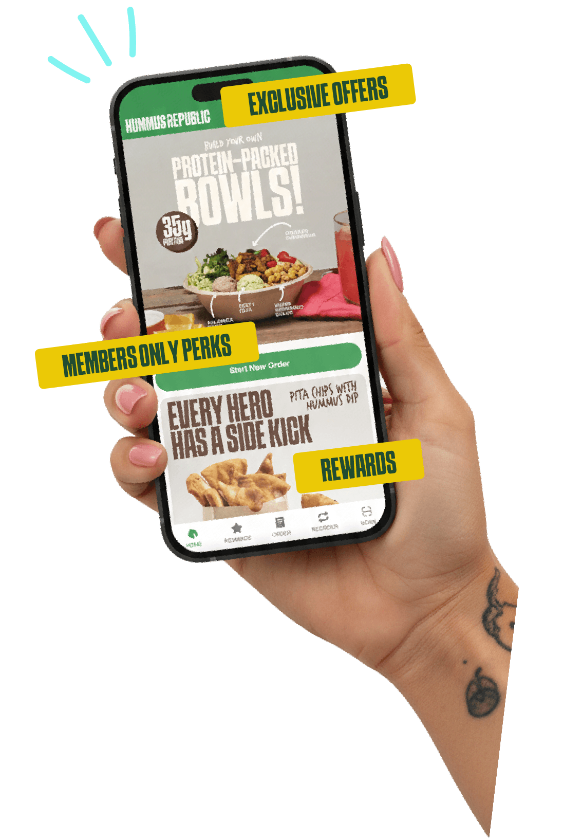 hand in phone with the hummus republic app open