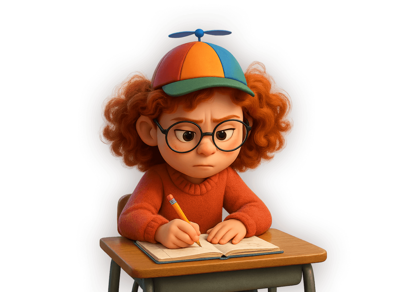 3D character with newbie hat writing stuff in a notebook.