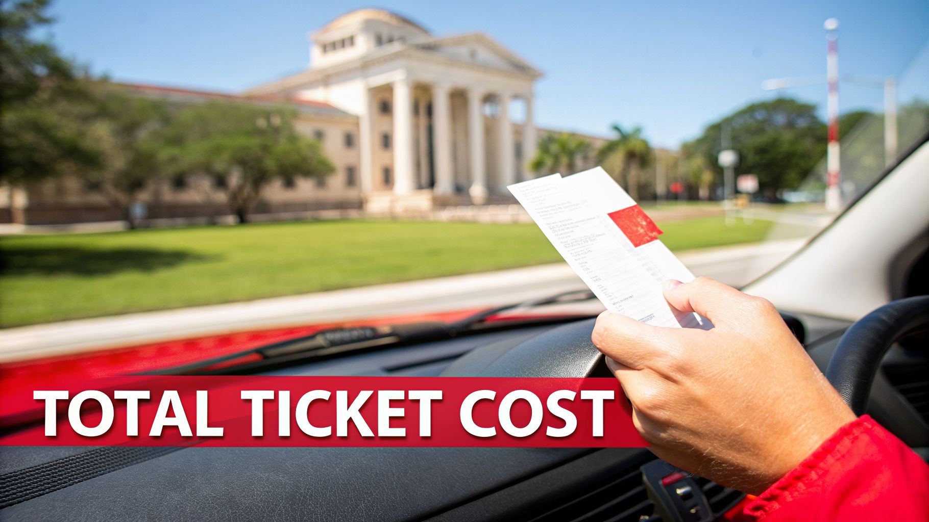 A person in a car holds a ticket with a classical building in the background and 'TOTAL TICKET COST' text.