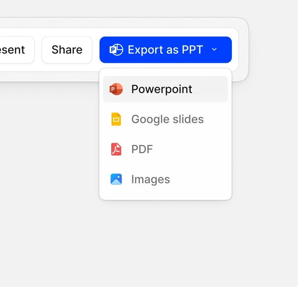 Presentations.AI official workflow showing customization and export options