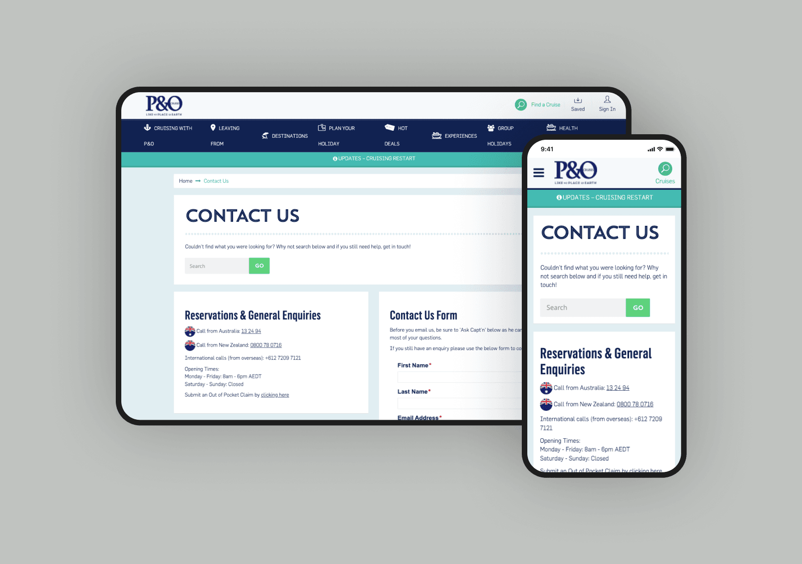 Desktop and mobile UI screens of the old contact us page