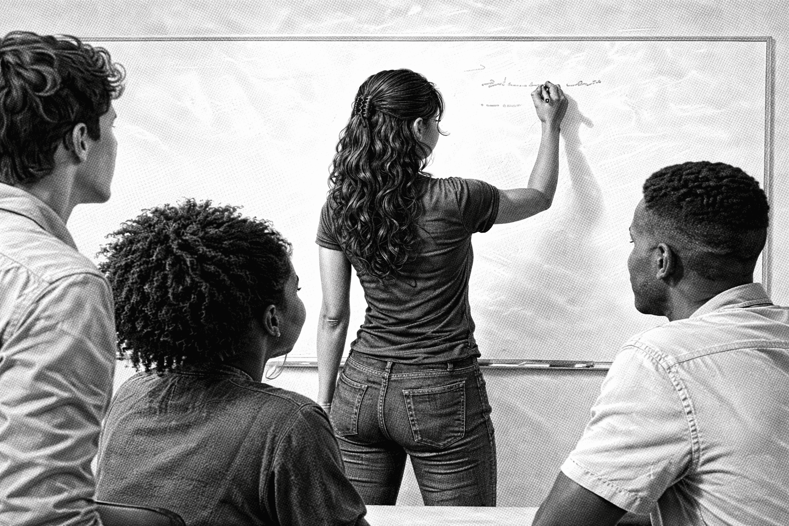 a woman writing on a whiteboard. group of people watching her. black and white image.