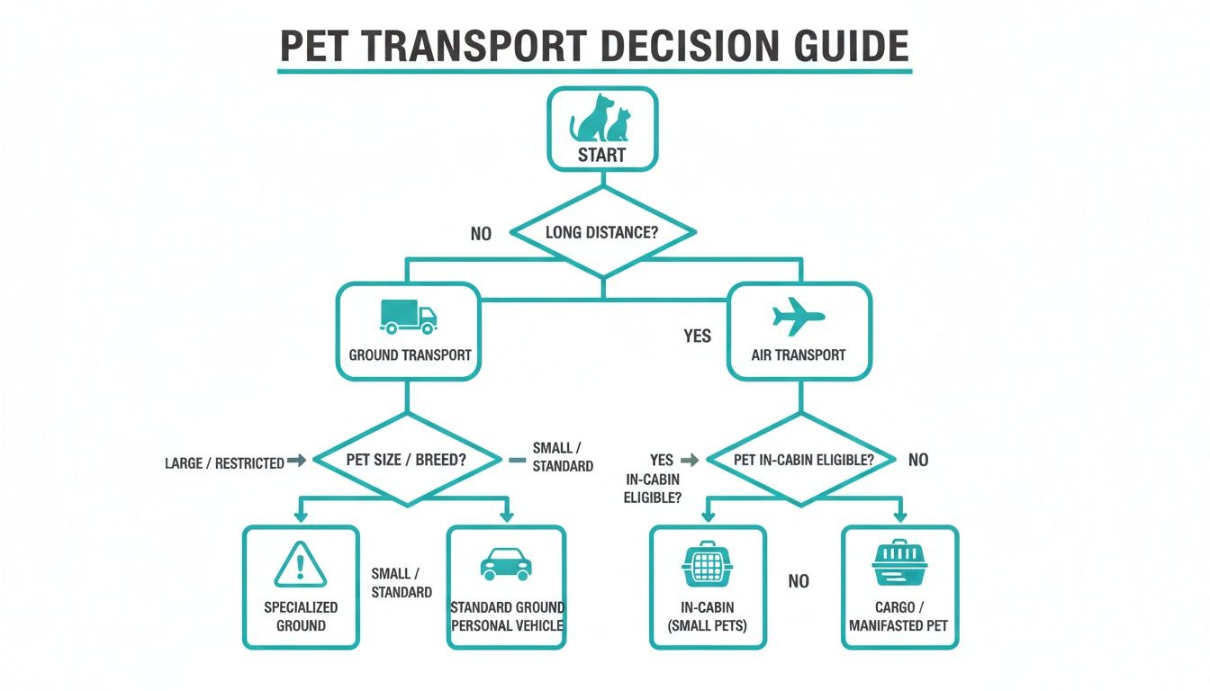 A flowchart decision guide for pet transport, considering distance, pet size, and eligibility for ground or air travel.