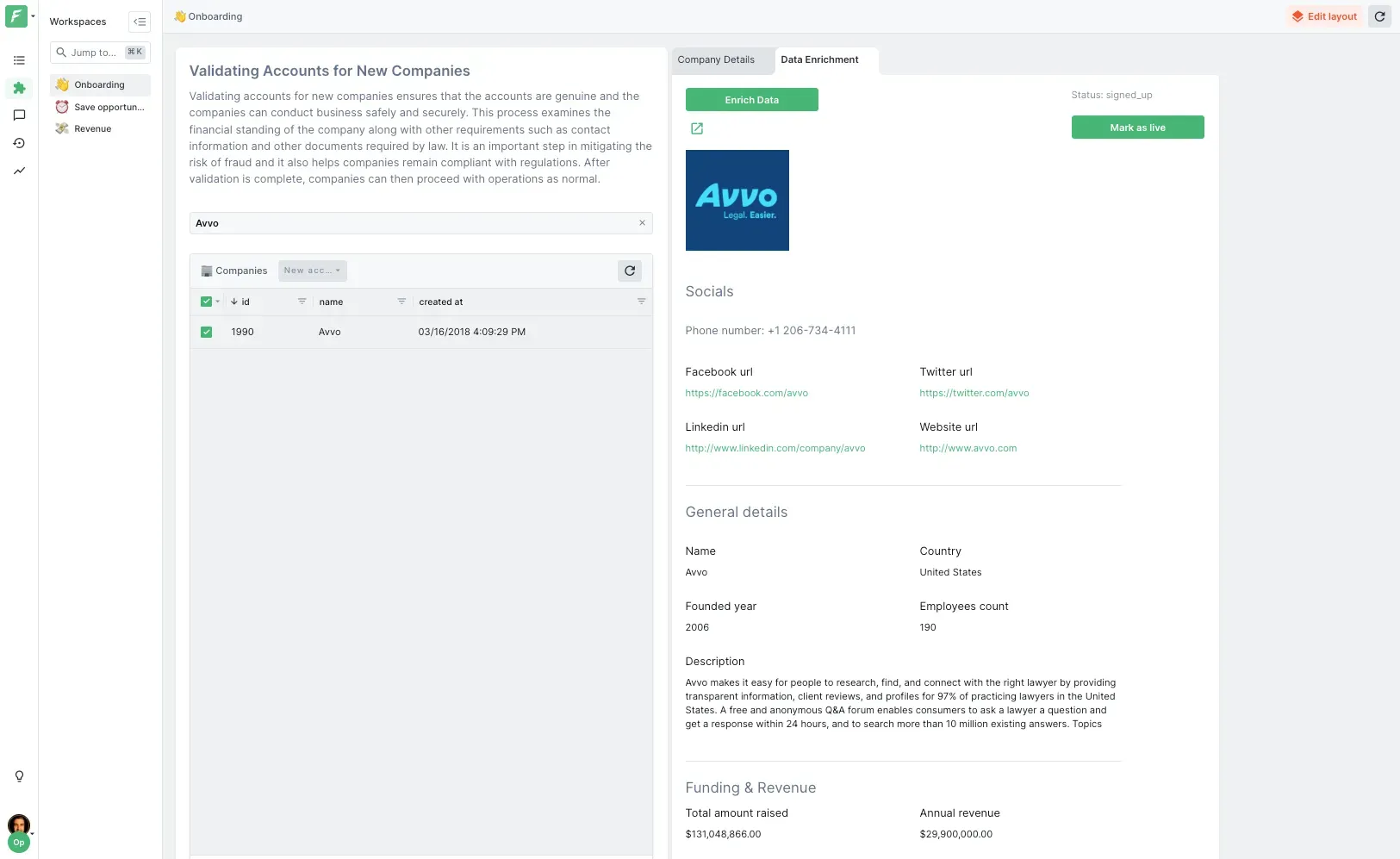 Forest Admin Workspace example for data enrichment
