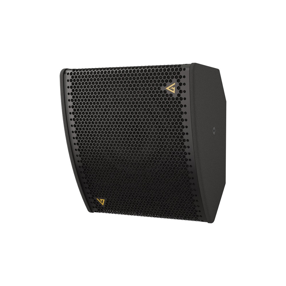 Black speaker with honeycomb grille and golden logo