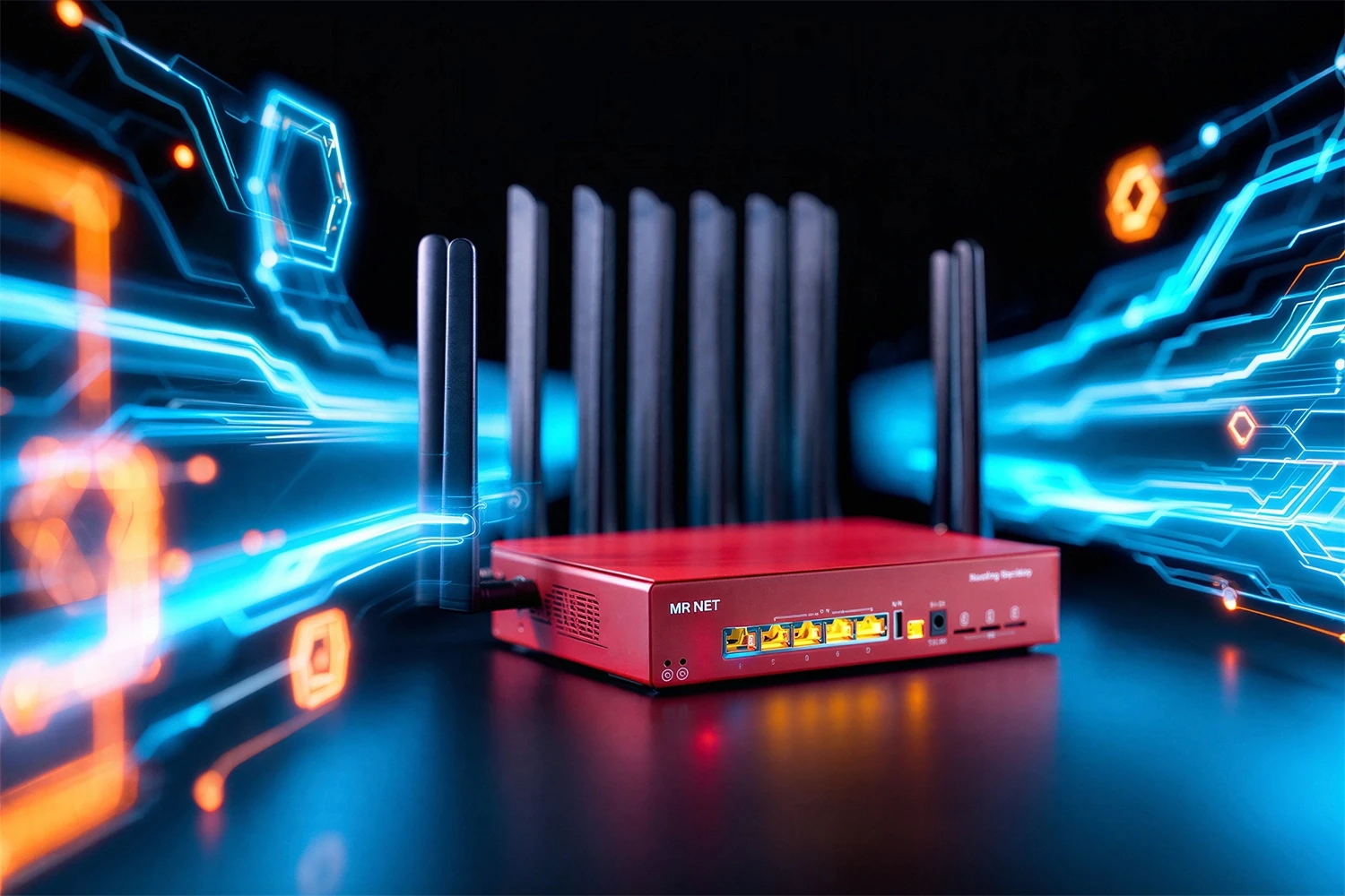  MR·NET cellular bonding gateway router with abstract rays of lights around representing independent cellular networks