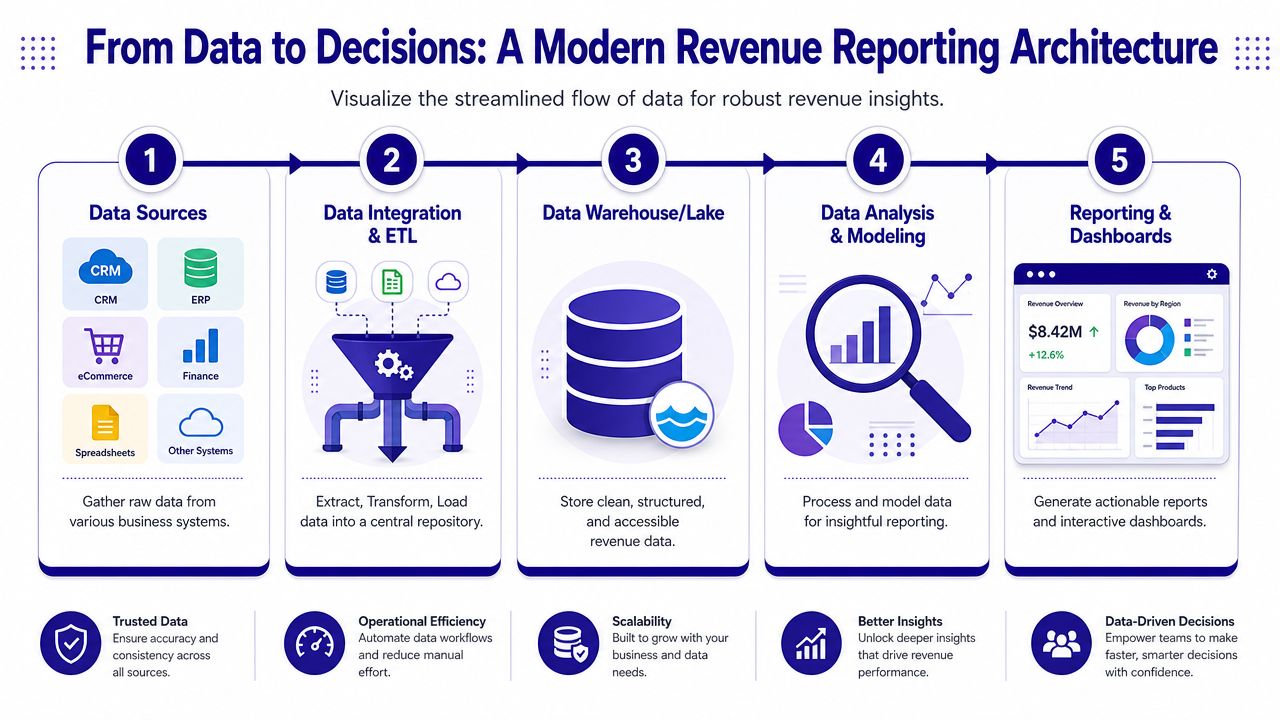 A five-step diagram illustrating a modern revenue reporting architecture from data collection to actionable business insights.