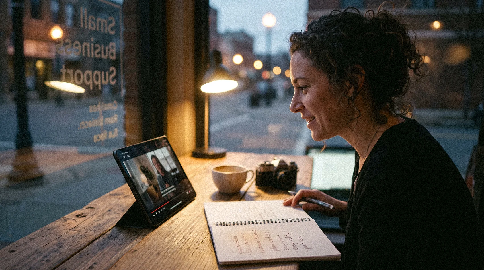 Woman taking notes while watching video marketing business strategy tutorial on tablet at dusk - video marketing tips