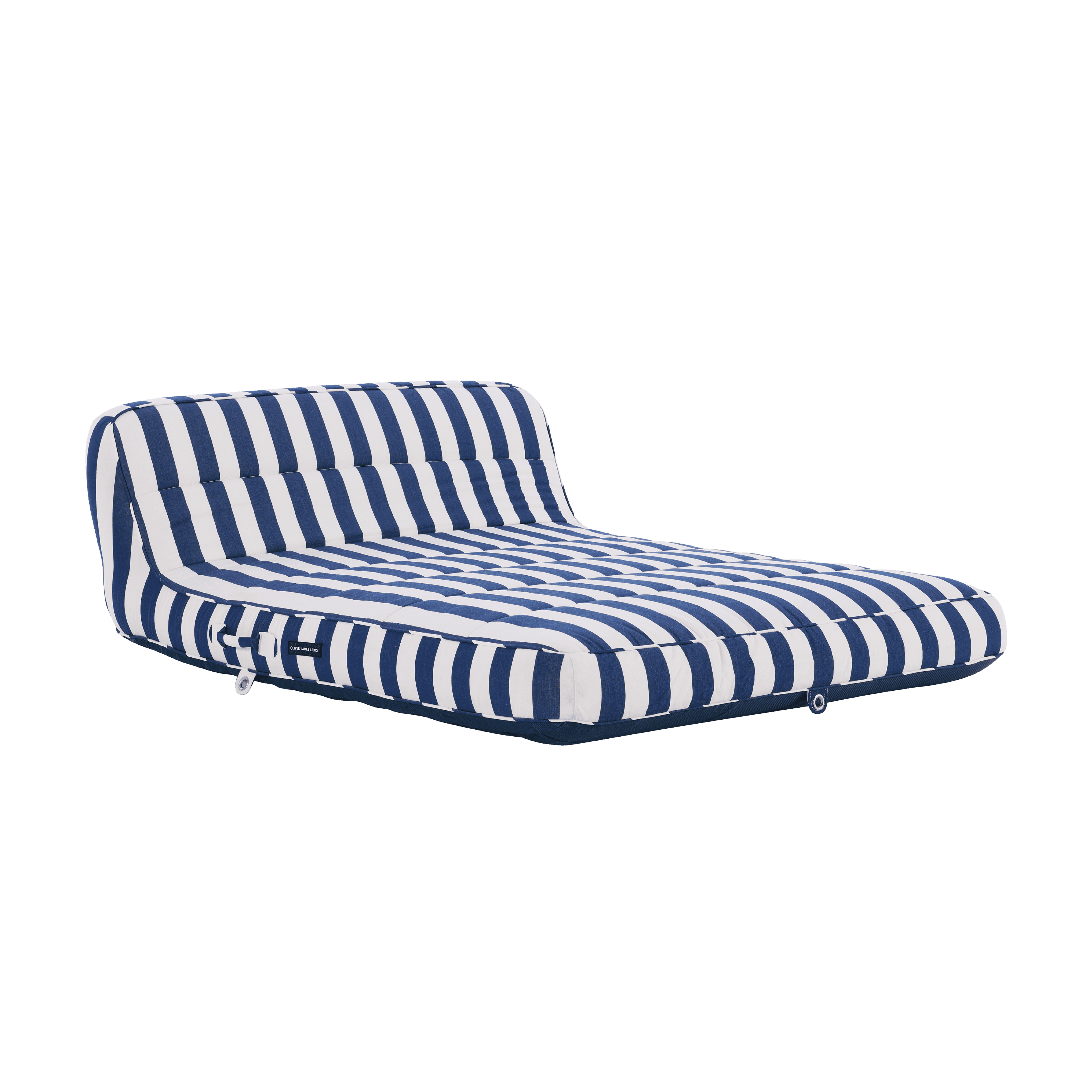 Luxury double pool float in wide blue-and-white stripe canvas with raised headrest and quilted panels