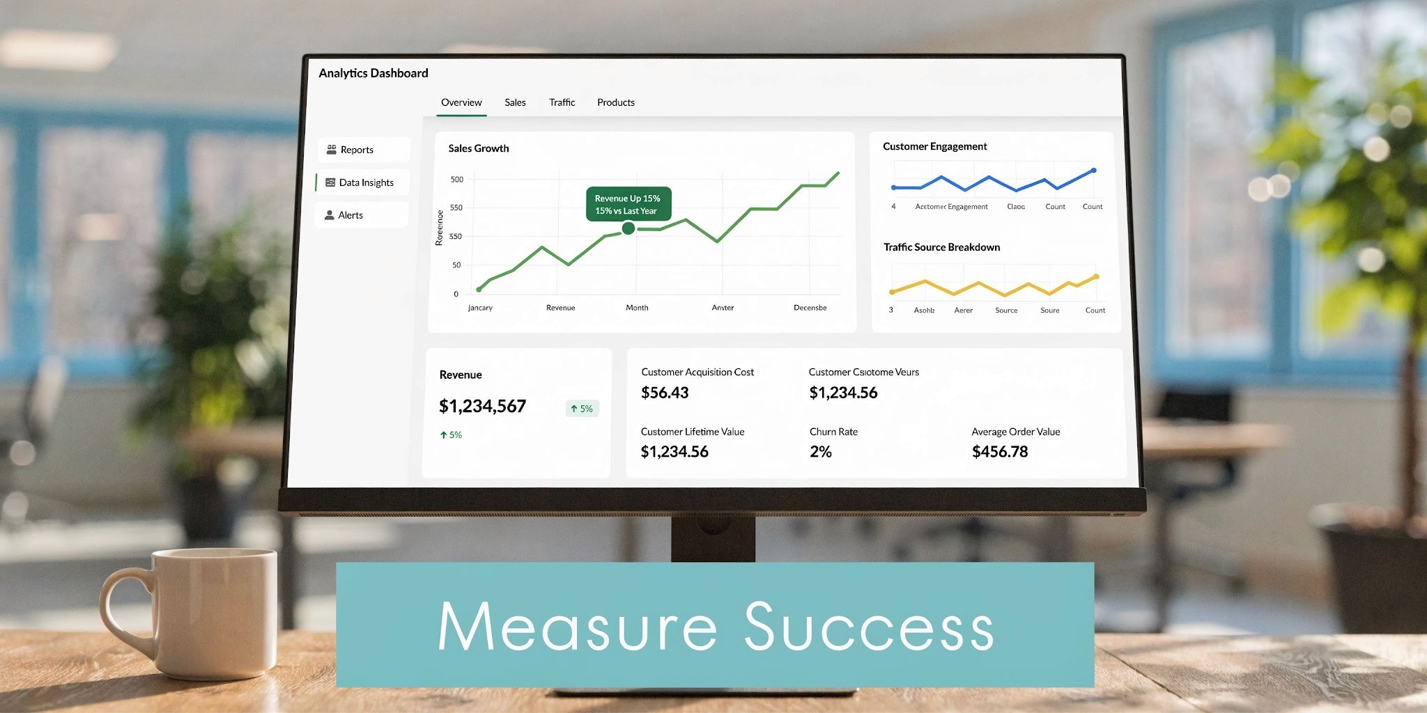 A computer monitor displaying a comprehensive analytics dashboard with sales growth graphs and key marketing performance metrics.