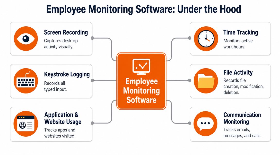 A diagram outlining the key features and capabilities of employee activity monitoring software systems.