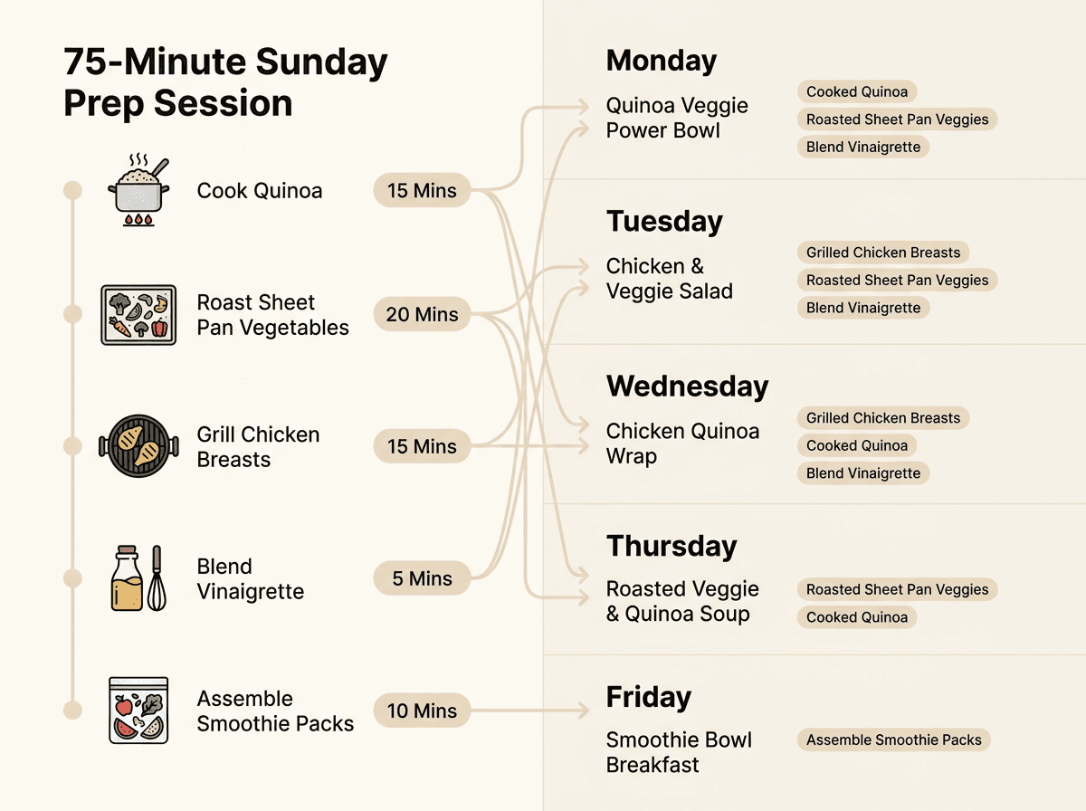Meal prep ideas infographic showing Sunday prep tasks and weekday meal combinations