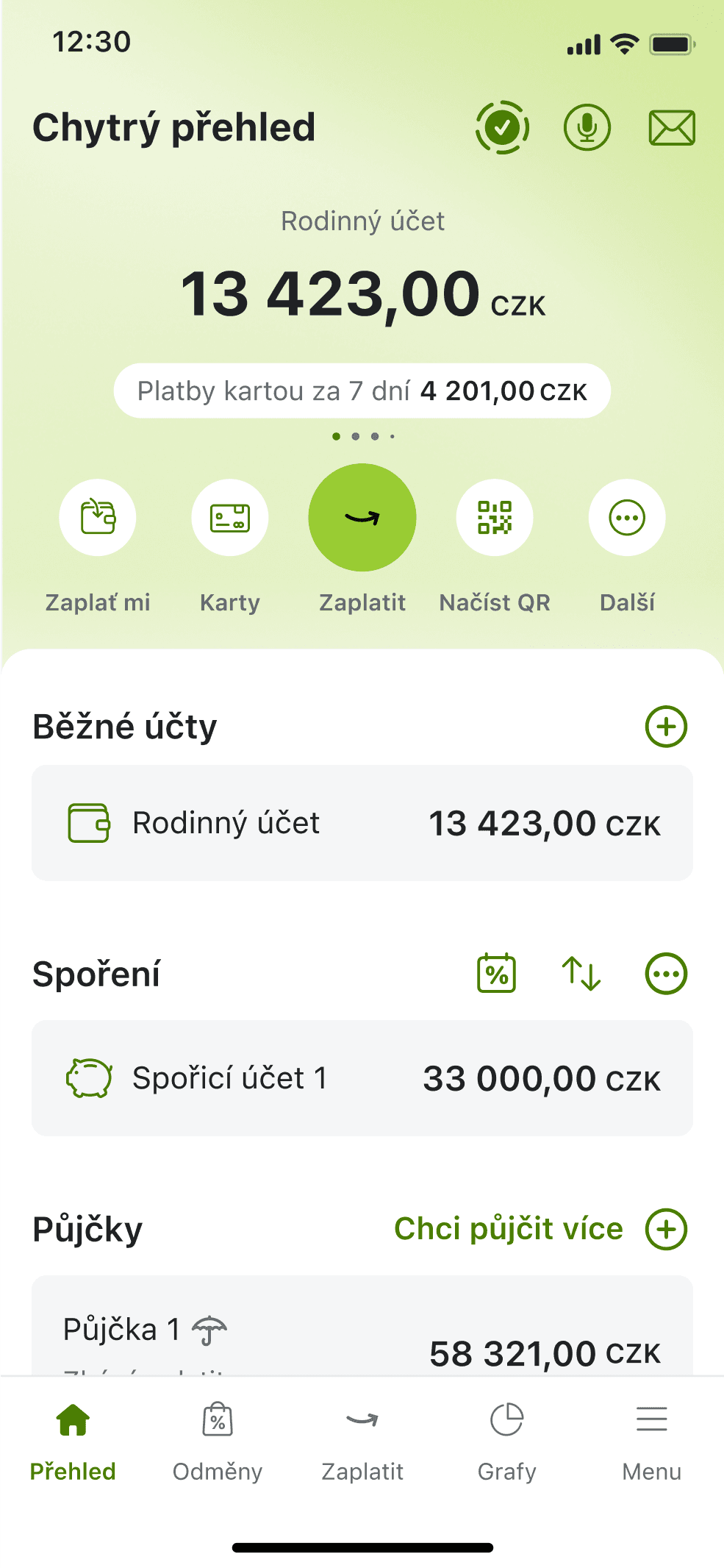 Mobilní aplikace My Air od Air Bank: chytrý přehled účtů a investic v minimalistickém černo-bílém designu se zelenými prvky.