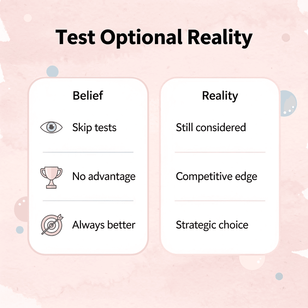 Comparison chart showing common beliefs versus reality about test-optional policies