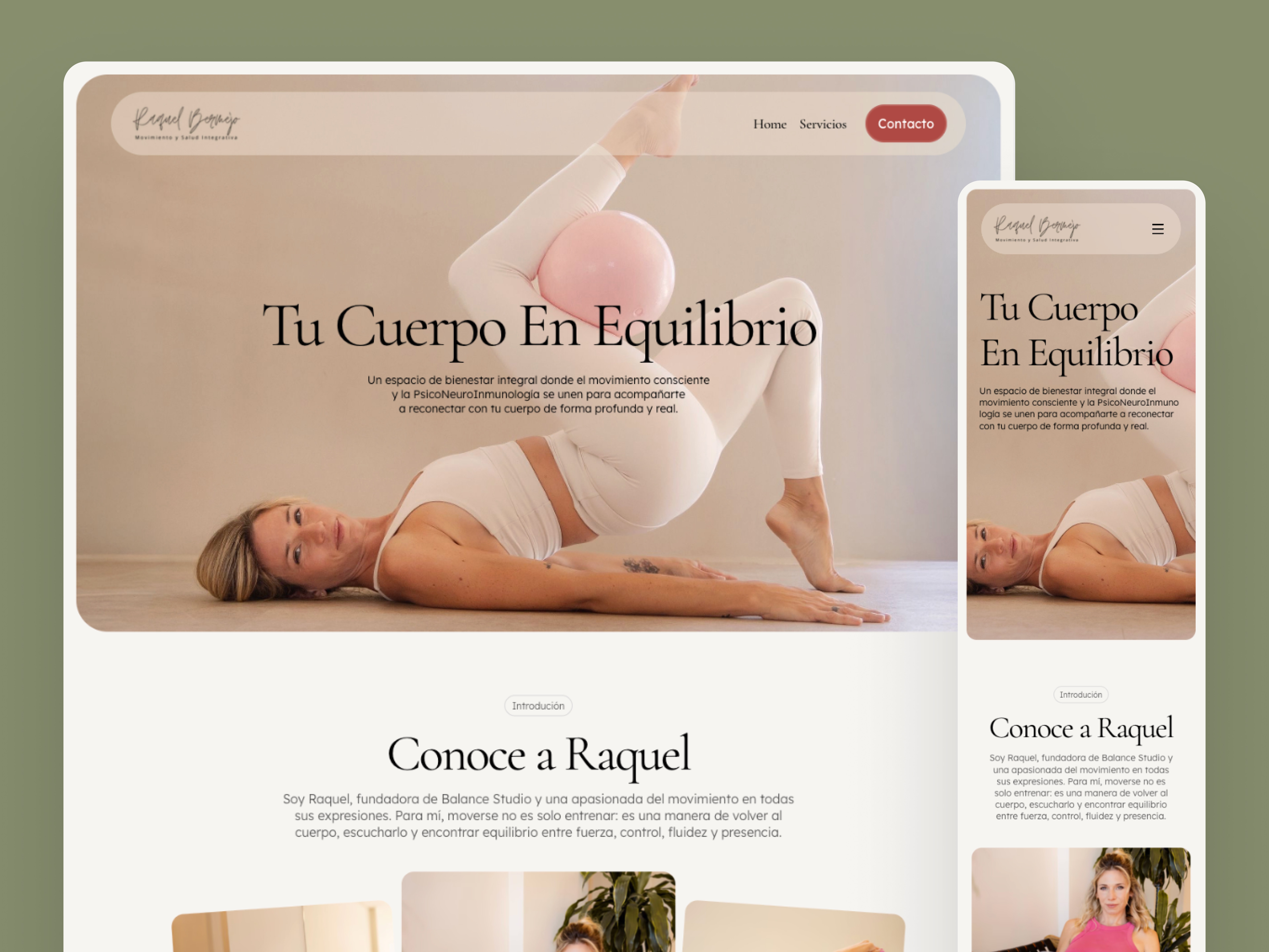 Web design for Balance Studio, a wellness and movement studio, shown on desktop and mobile with a hero photo of founder Raquel in cream activewear balancing on a pink ball and the Spanish headline "Tu Cuerpo En Equilibrio"