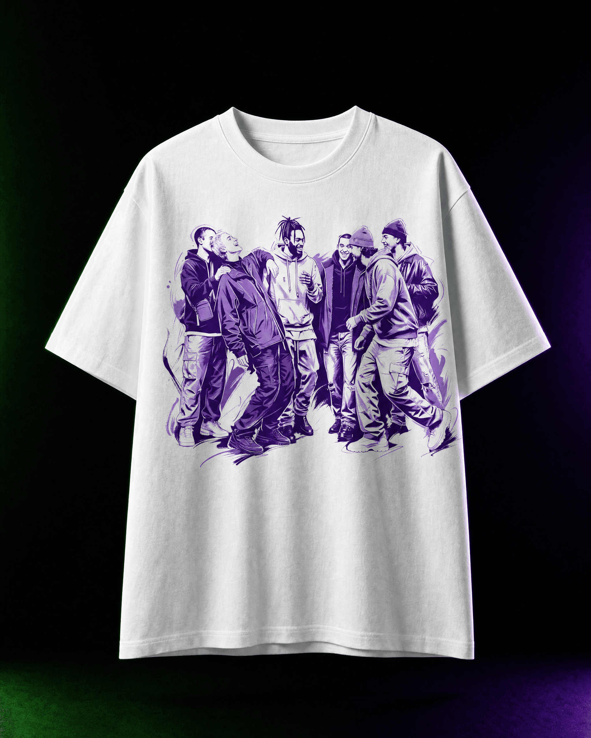 Front of a white Session Zone T-shirt with a large purple graphic showing a group of people.