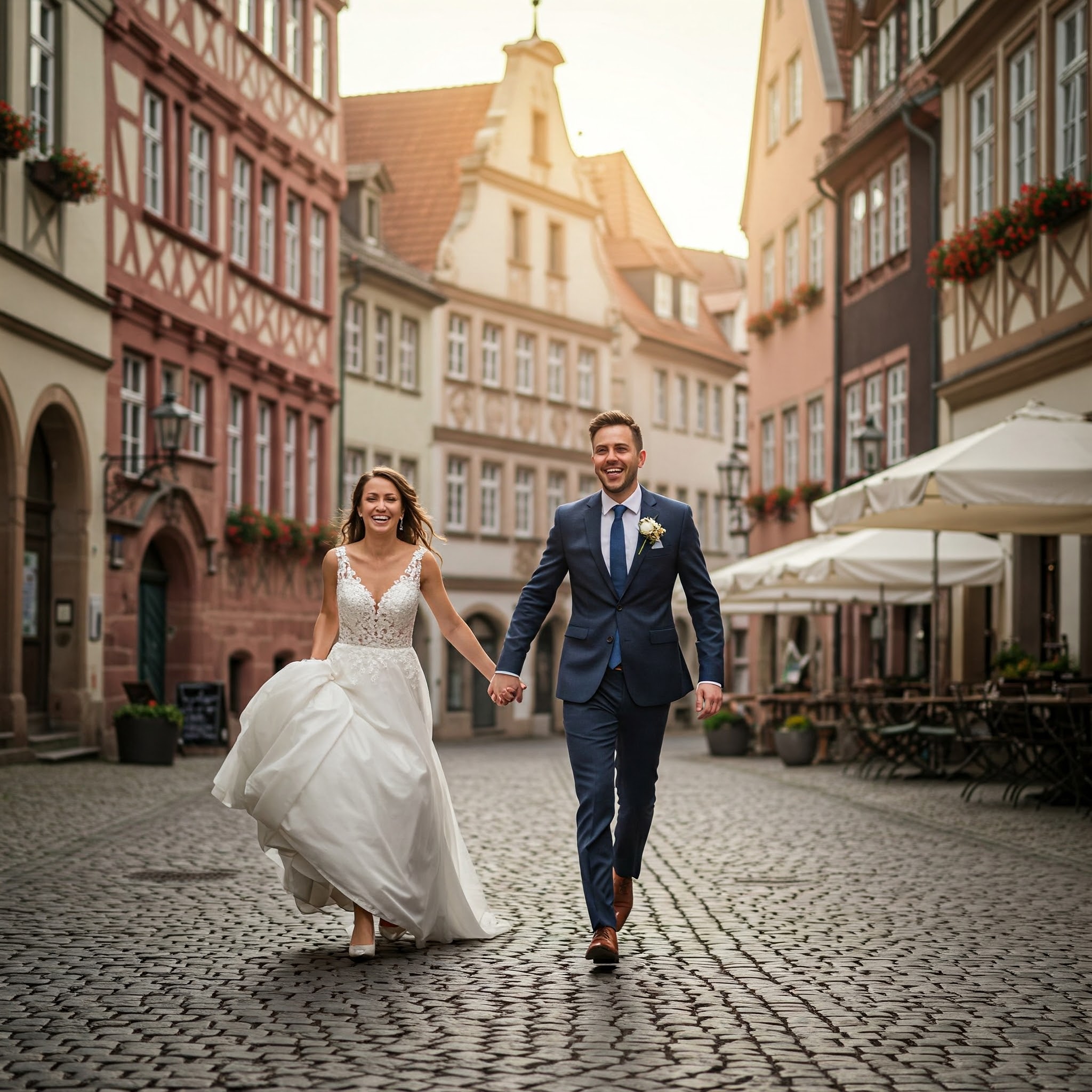 Eine Braut in einem weißen Kleid und ein Bräutigam in einem Anzug laufen auf einer Straße in einer historischen Altstadt auf die Kamera zu. Beide lächeln und wirken sehr glücklich. Im Hintergrund sind alte Gebäude und Menschen zu sehen.