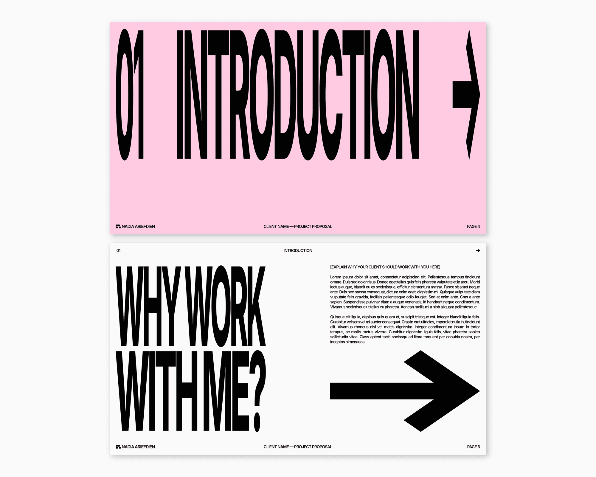 Two pages from Nadia Ariefdien's Project Proposal Presentation Template.