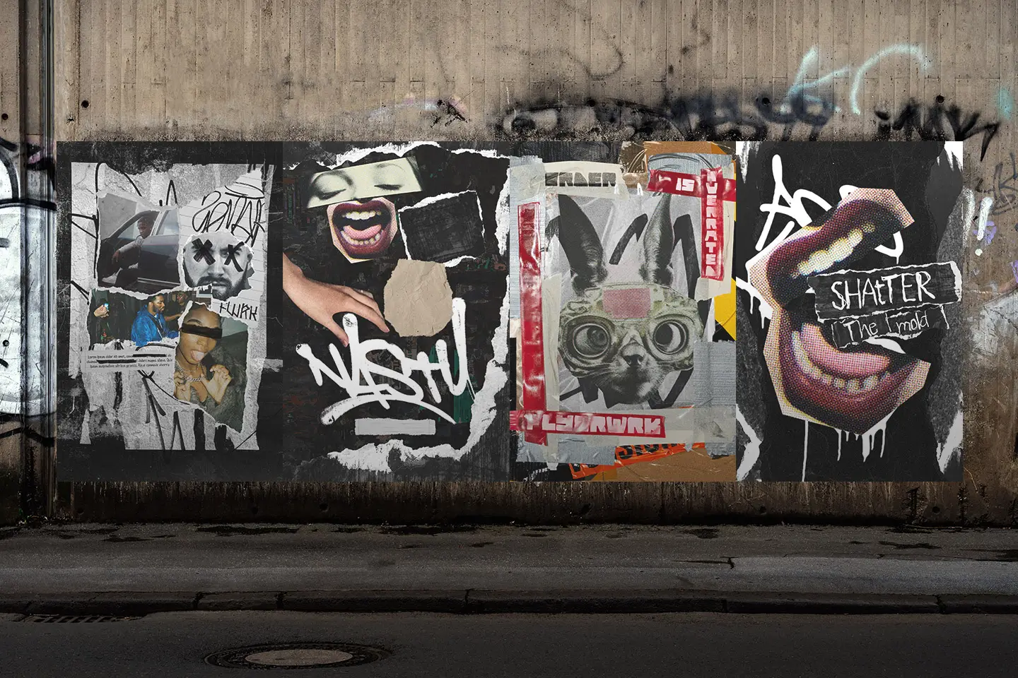 Artistic Toolkit 3 urban collage poster designs placed on gritty street wall