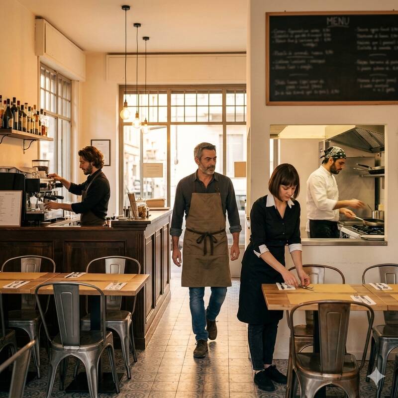 Il team del bistrot Tastè si prepara per il servizio serale