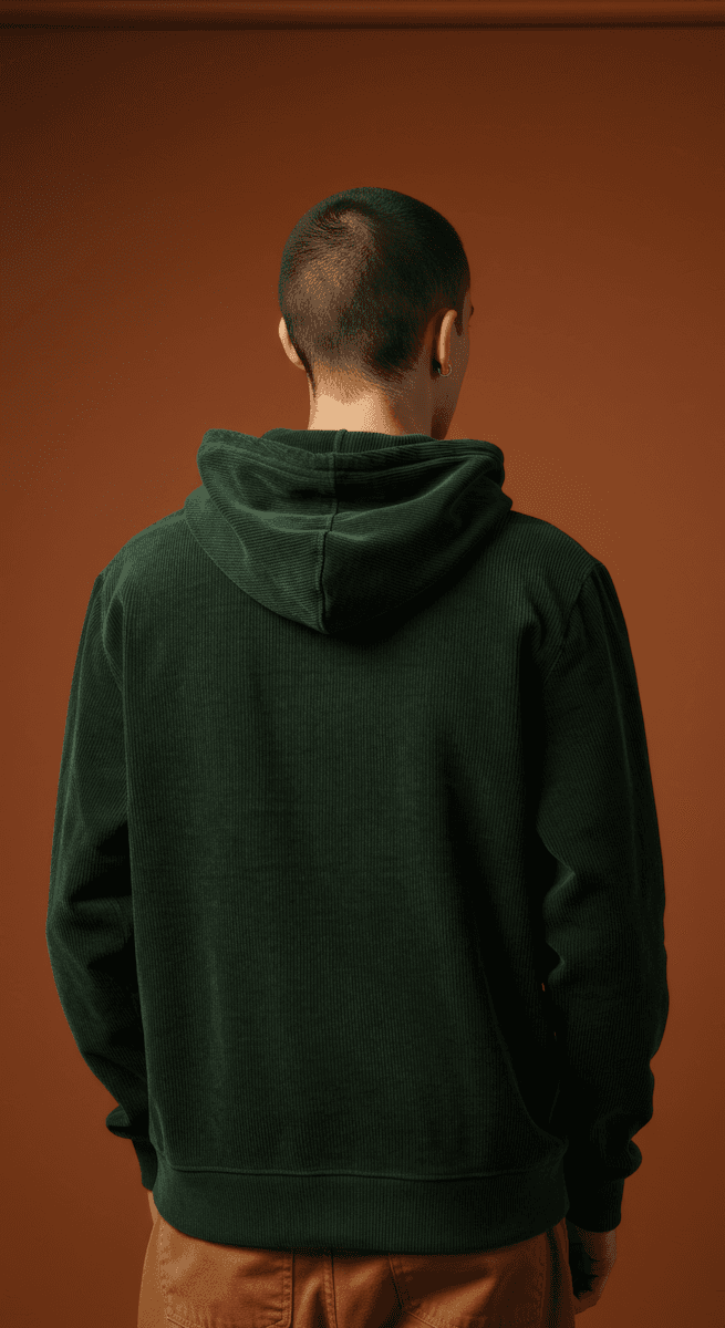 The back of a man wearing a dark green hoodie