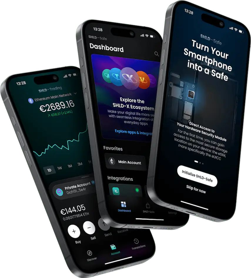 Drei Smartphones zeigen eine App zur Smartphone-Sicherheit und Kryptowährungsverwaltung.