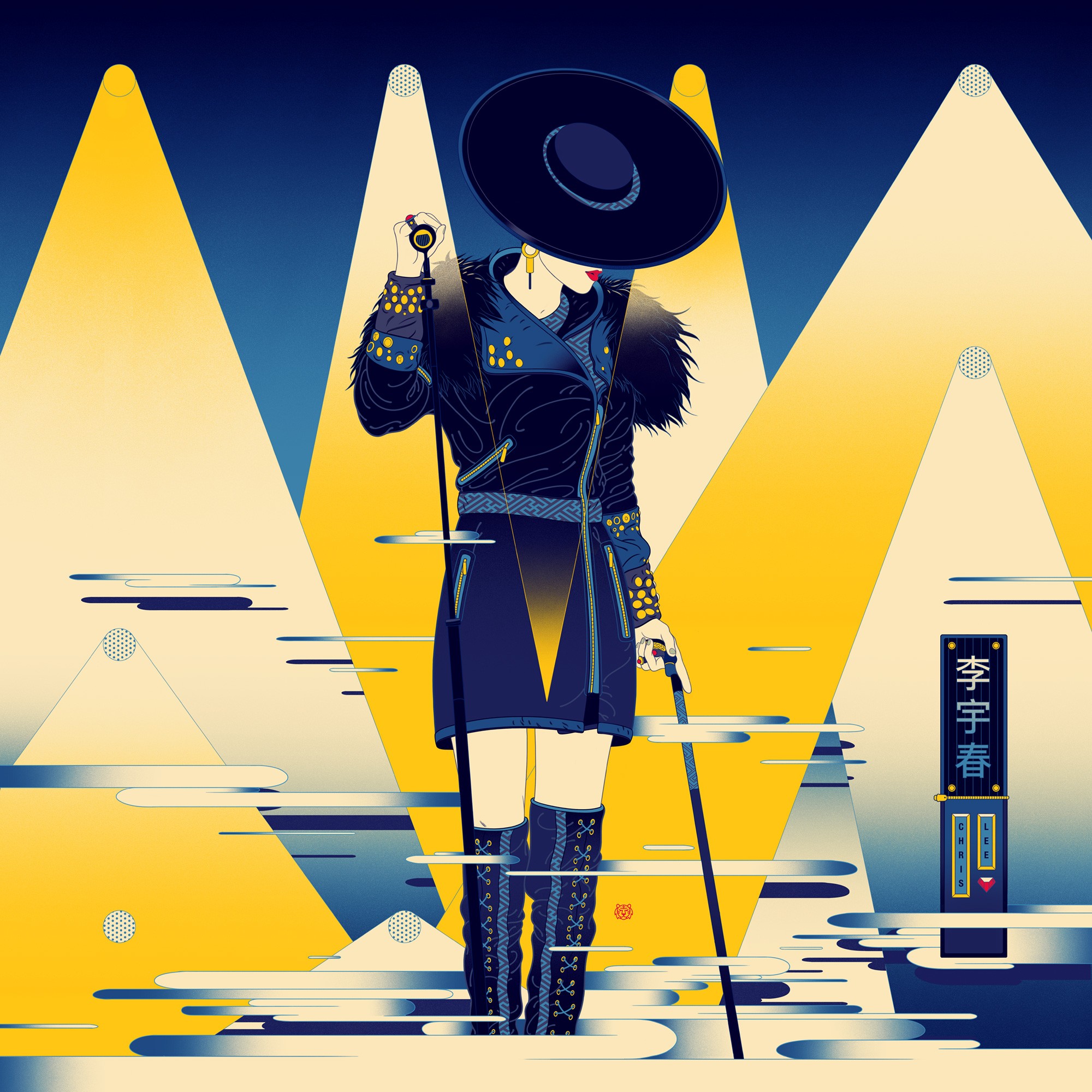 Liu Xing album illustration showing a performer in a dark stage outfit under bright spotlights, combining fashion styling, music visuals and bold graphic composition.