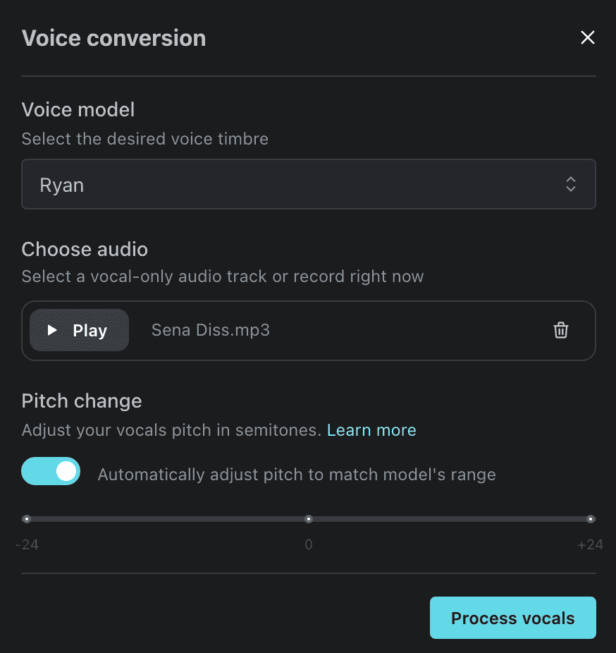 Moises AI voice audio conversion feature with the Ryan voice model selected