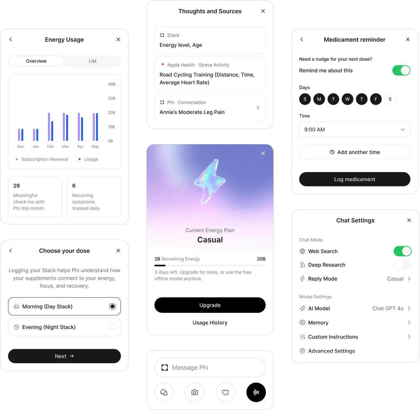UI components showcasing multiple features of an AI-powered health assistant app, including insights, reminders, and settings