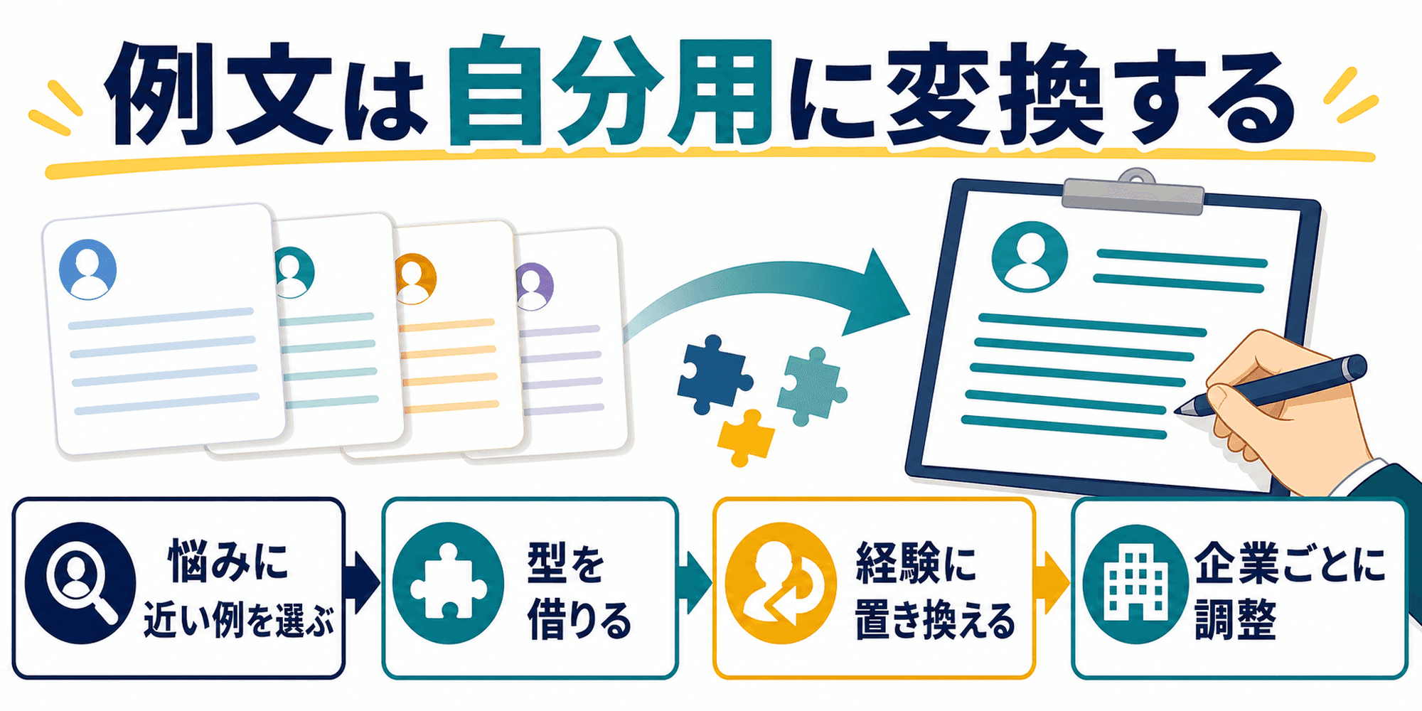 志望動機の面接例文を自分用に変換する流れを示す画像