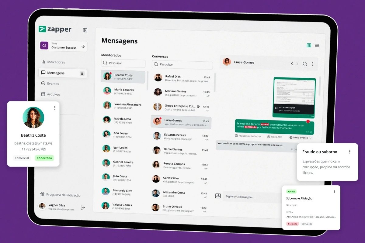 Tela com a ferramenta de monitoramento de WhatsApps corporativos, Zapper
