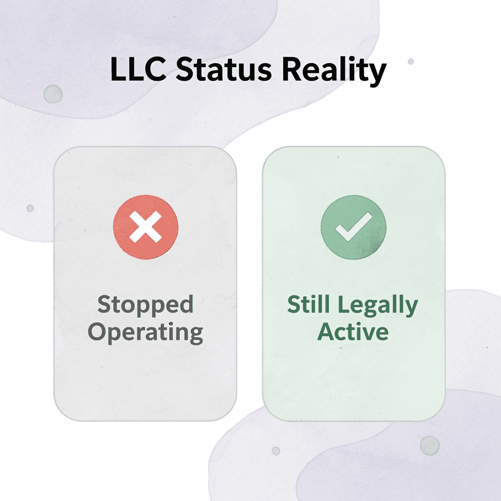 Before and after infographic showing LLC remains active after operations stop