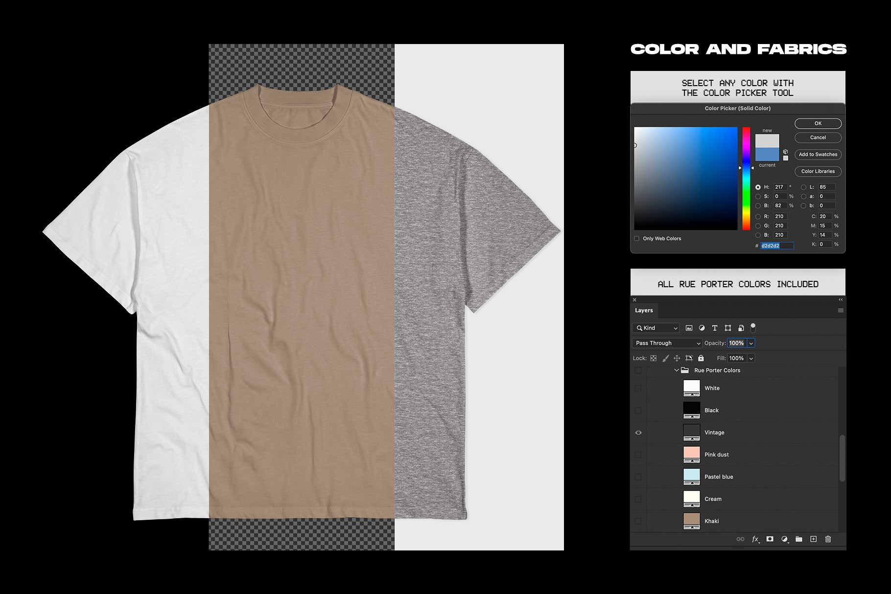 Rue Porter T-Shirt wrinkled mockup fabric color options with Photoshop controls