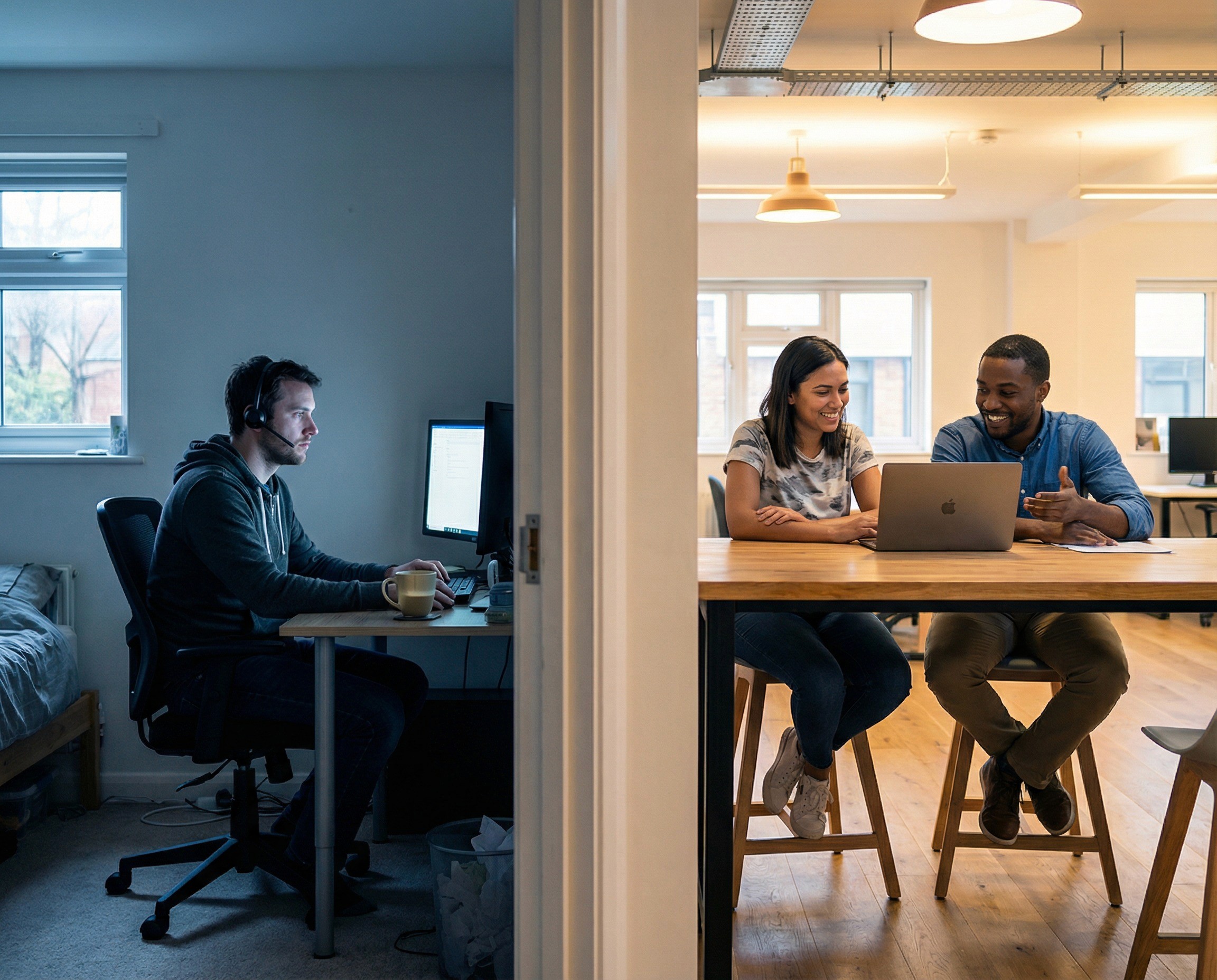 A split-composition image showing two realities of the same distributed tech workforce at the same moment. On the left half: a software engineer in his early 30s working from a home office — a converted spare bedroom with a single monitor on a small desk, a headset on, a coffee mug, a slightly cluttered shelf behind him. He is mid-video-call, but his camera is off — his face is lit only by the monitor, and his expression is one of quiet isolation, the look of someone who has been in back-to-back calls for five hours without speaking to anyone in person. On the right half: two colleagues in a tech company's office sitting at a communal table with laptops, talking casually, sharing a screen, with the easy body language of proximity and collaboration. The scene captures the named psychosocial hazards that distributed tech workforces face as legal obligations — remote and isolated work, poor support, high job demands, low role clarity, and the psychological toll of being perpetually connected but physically alone.