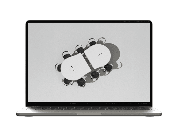 Laptop displaying a 3D visualization of a modular meeting table system