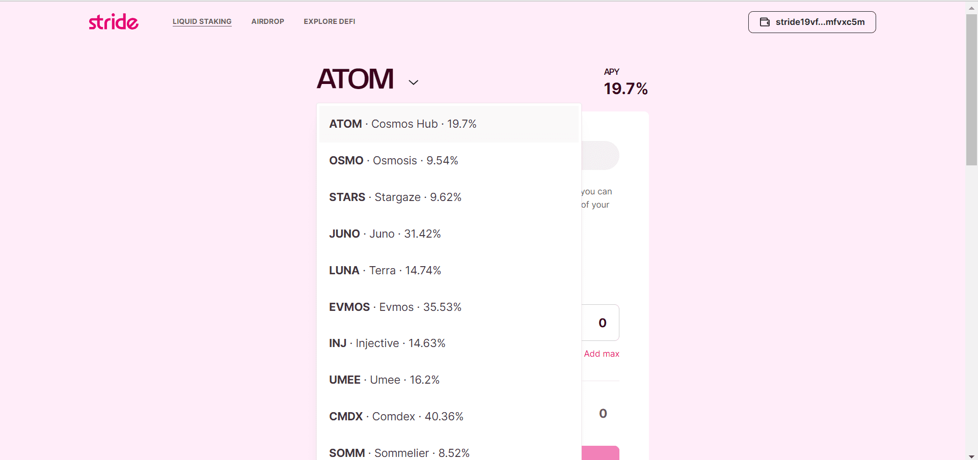 Select asset for liquid staking on stride