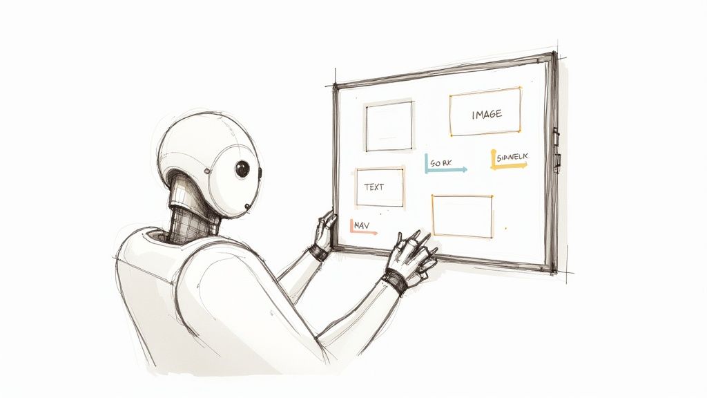 A robot conceptualizing a user interface design on a whiteboard with boxes labeled 