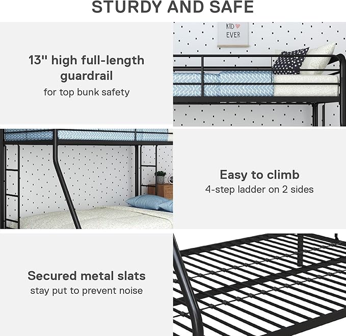 The metal twin over full bunk bed offers a sleek and contemporary look, ideal for productivity.