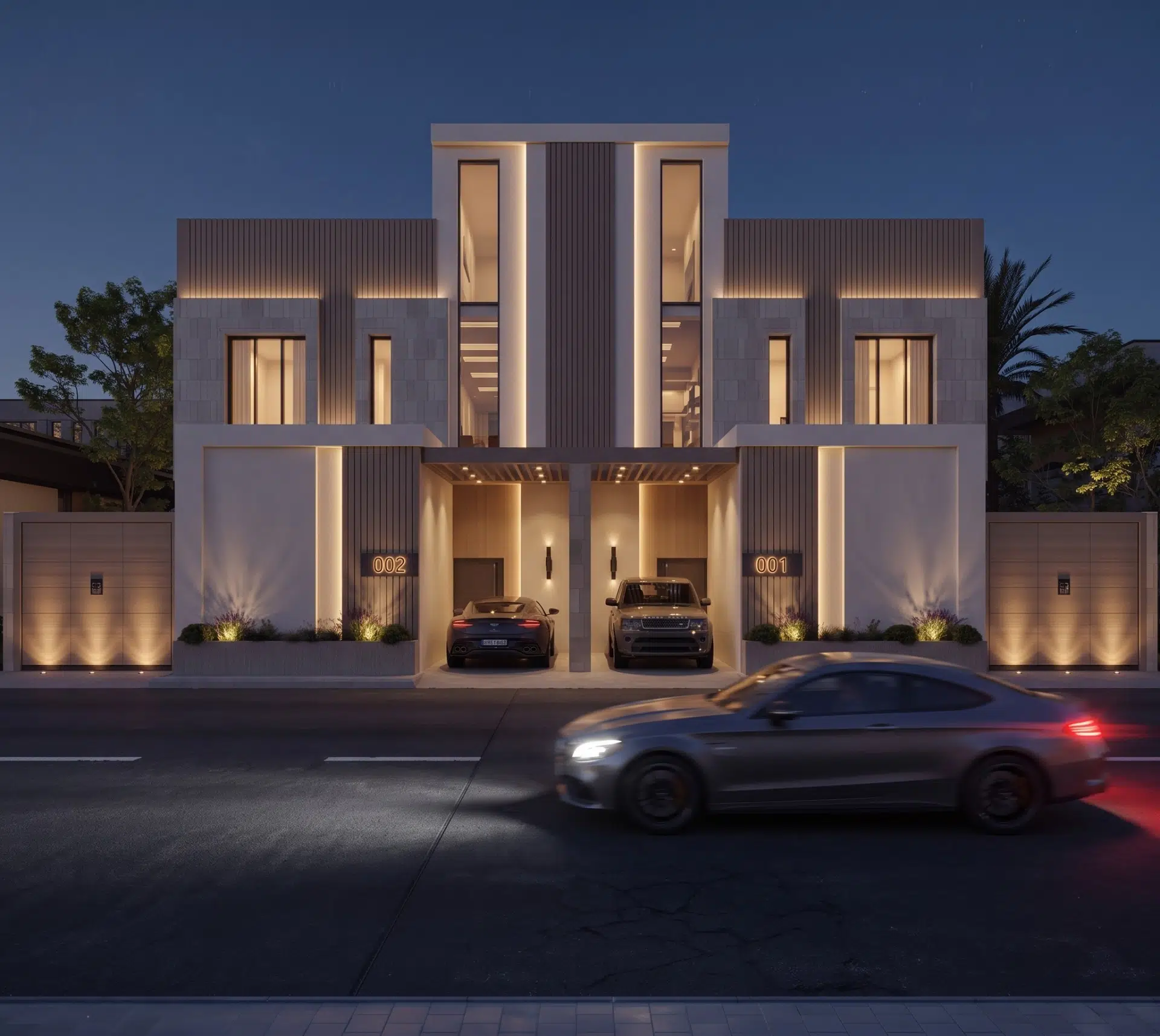 واجهة فيلا سكنية حديثة بإضاءة ليلية من تصميم أركان العز للاستشارات الهندسية بالرياض