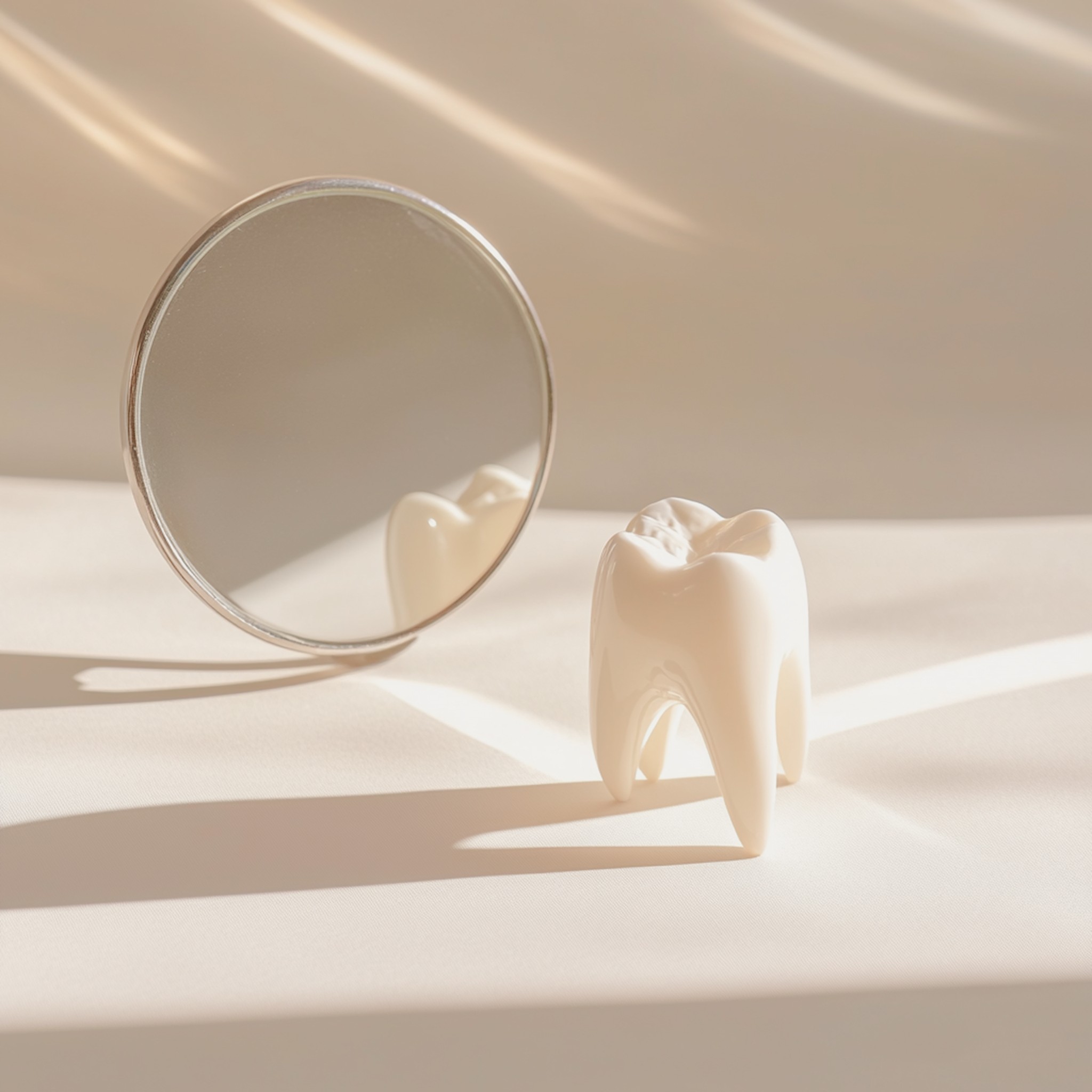 Protinio danties šalinimo vaizdas su odontologiniu veidrodėliu