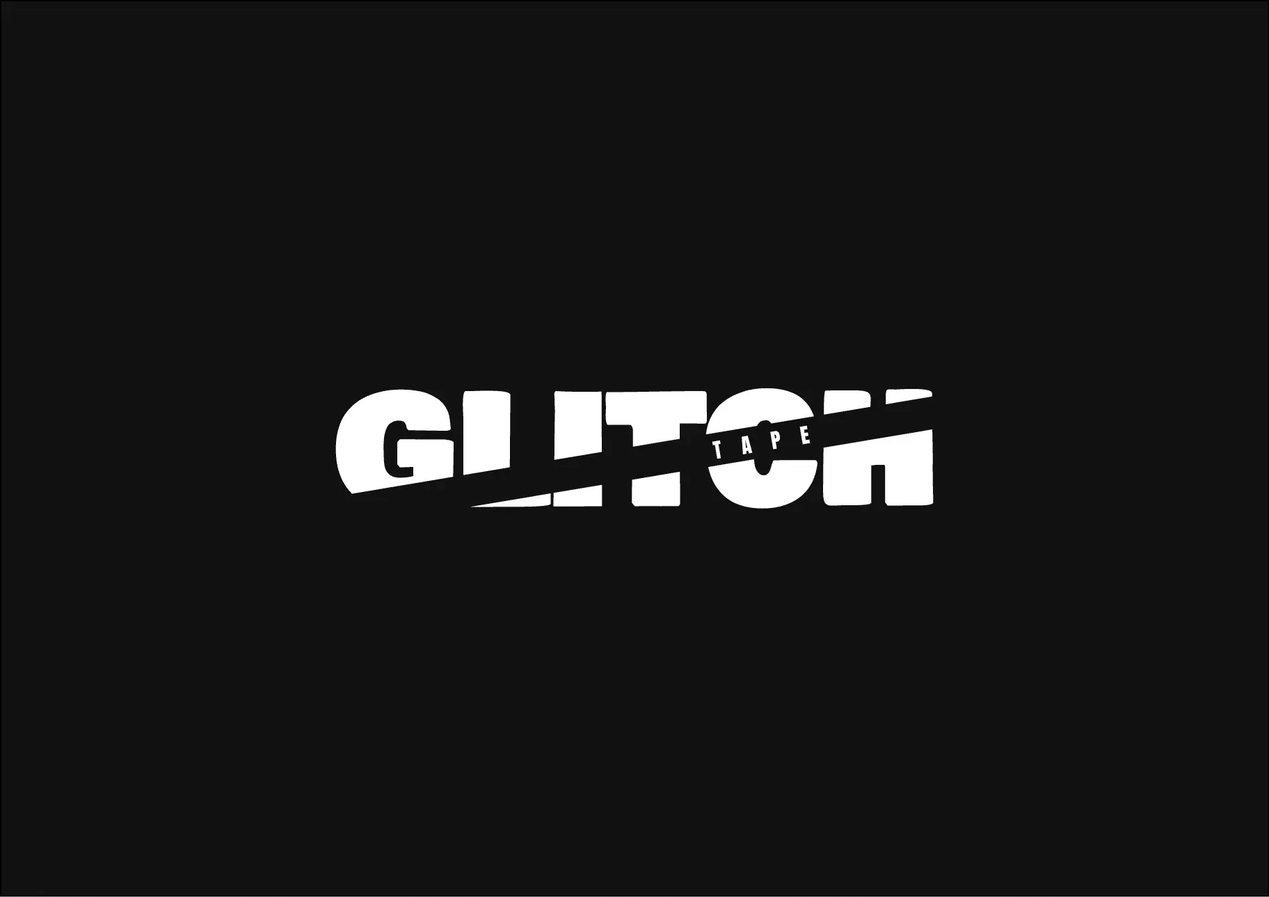 White stylized “GLITCH” logo with fragmented lettering and a diagonal black tape strip labeled “TAPE,” centered on a black background.