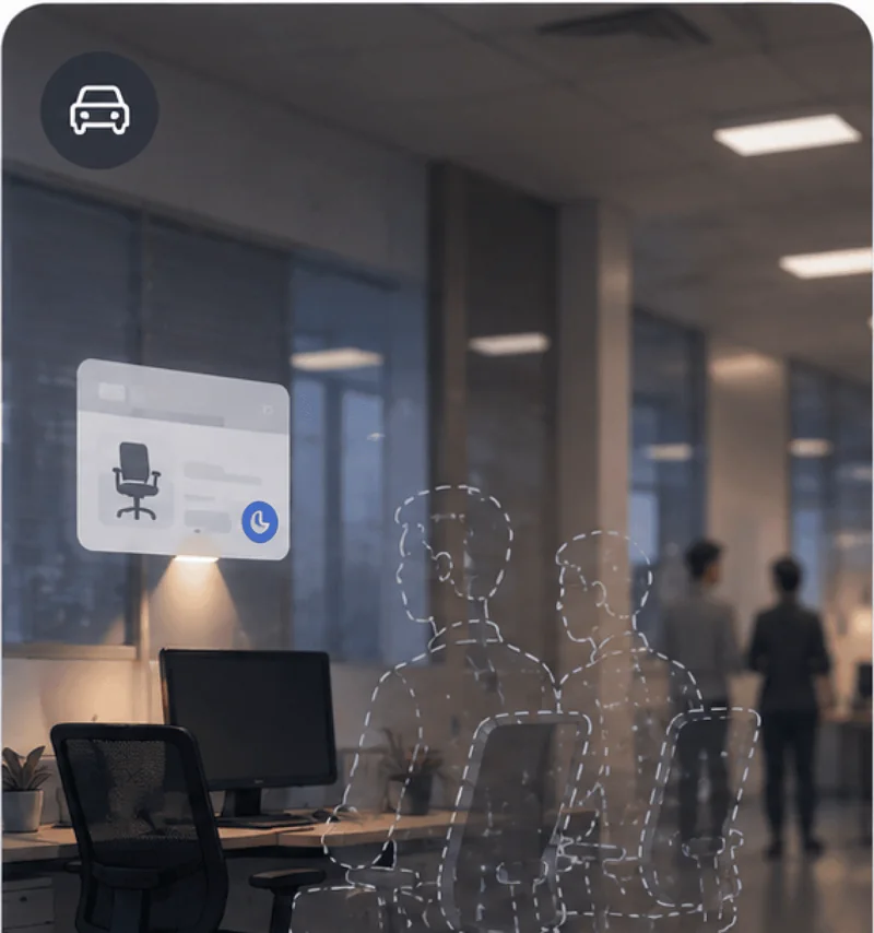 An empty office desk still marked as booked, with faint outlines of people who never came