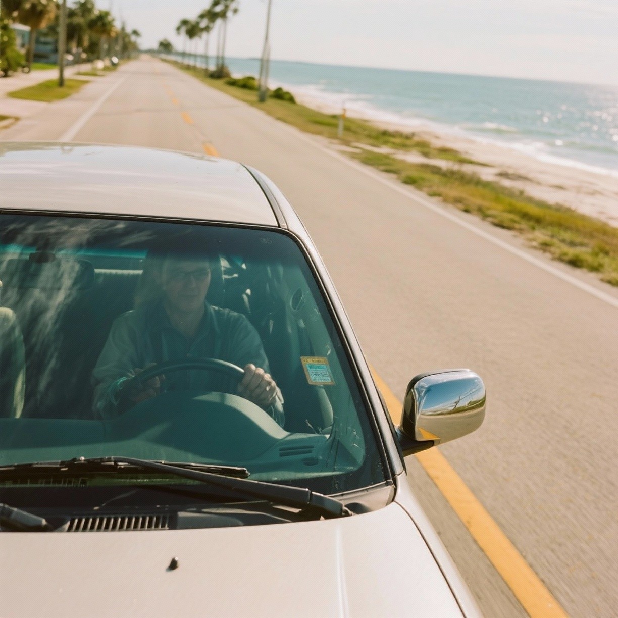 Car driving on coastal road in Tarpon Springs with new windshield