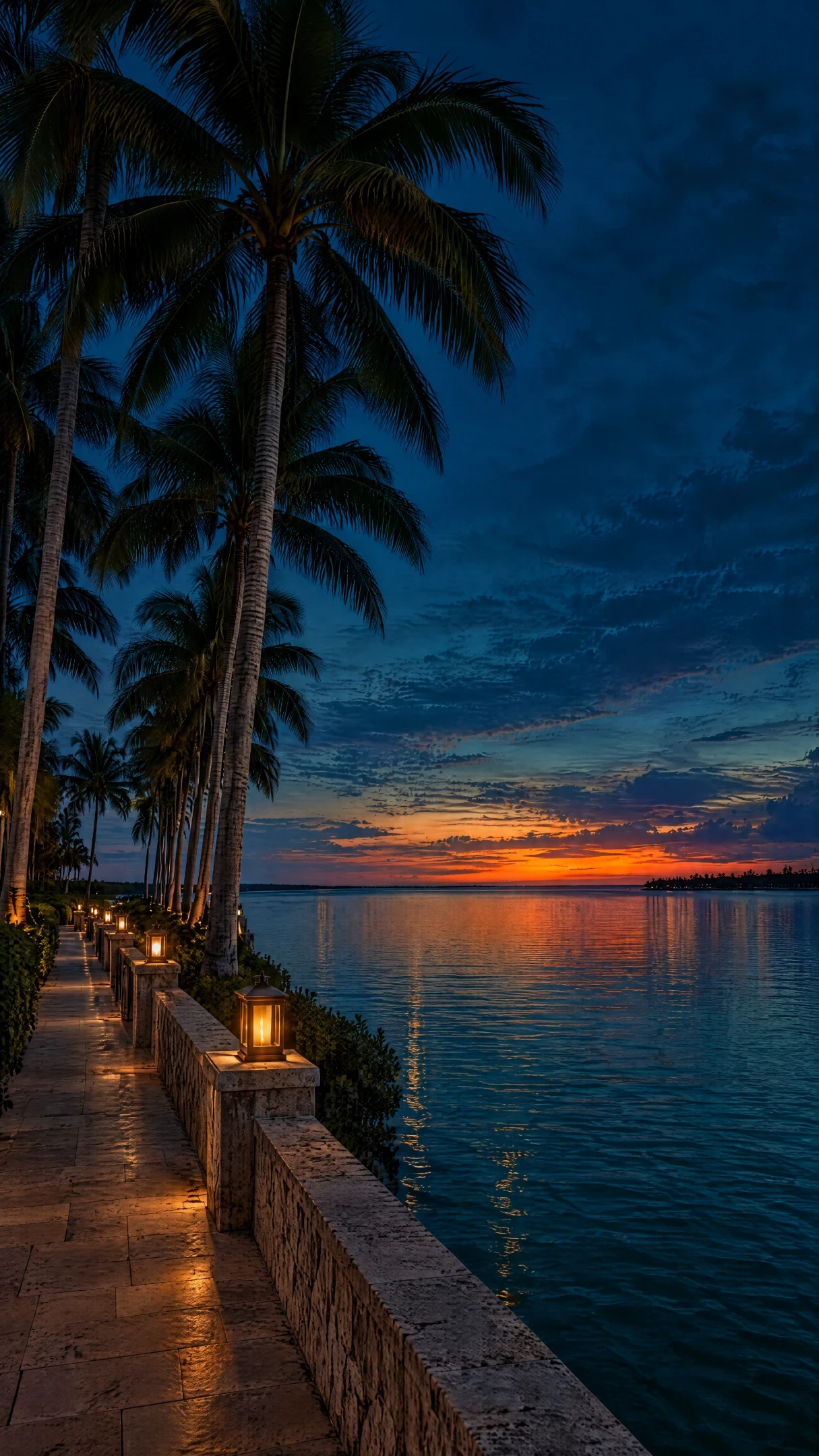 Waterfront promenade with palm trees at sunset