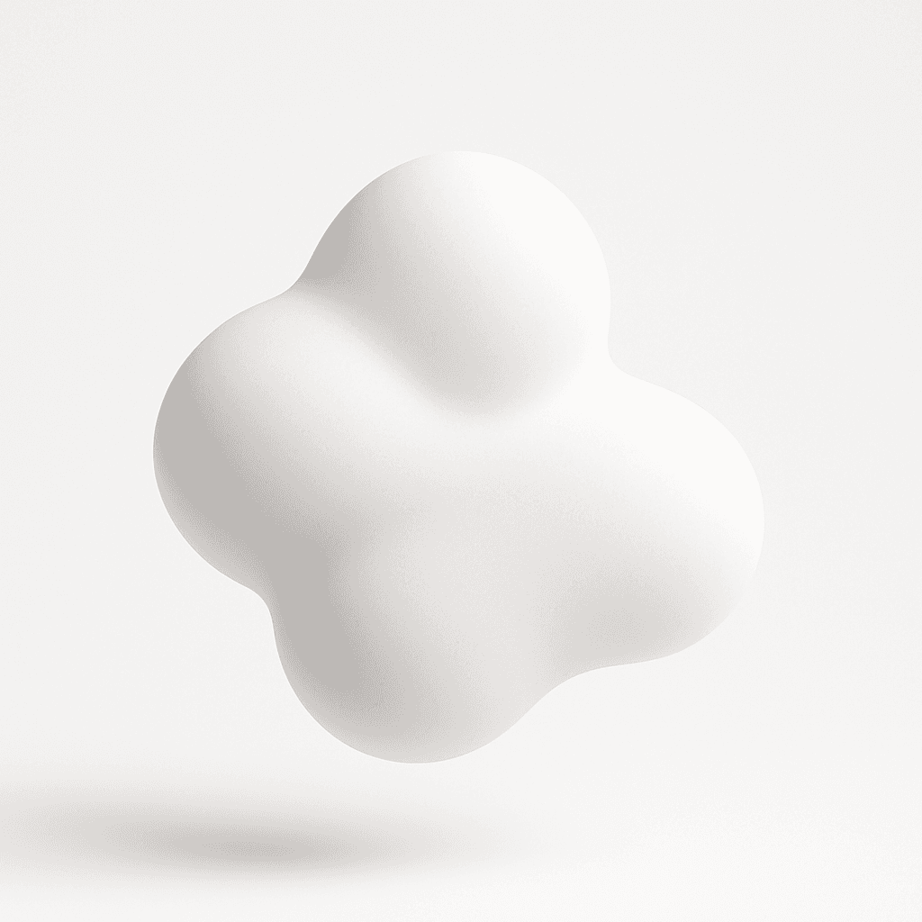 3D-rendered abstract cloud-like shape in soft white tones, smooth and rounded edges, floating on a clean white background with subtle shadows and photorealistic lighting