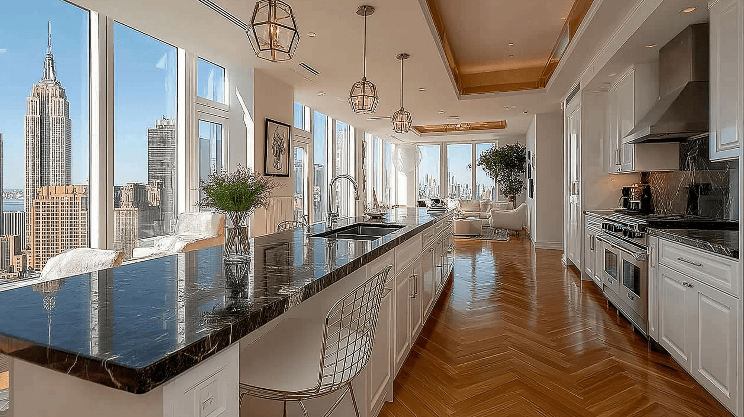 Expansive luxury kitchen with glossy hardwood herringbone floors, white cabinetry, a long black marble island, and a wall of windows revealing the New York City skyline.