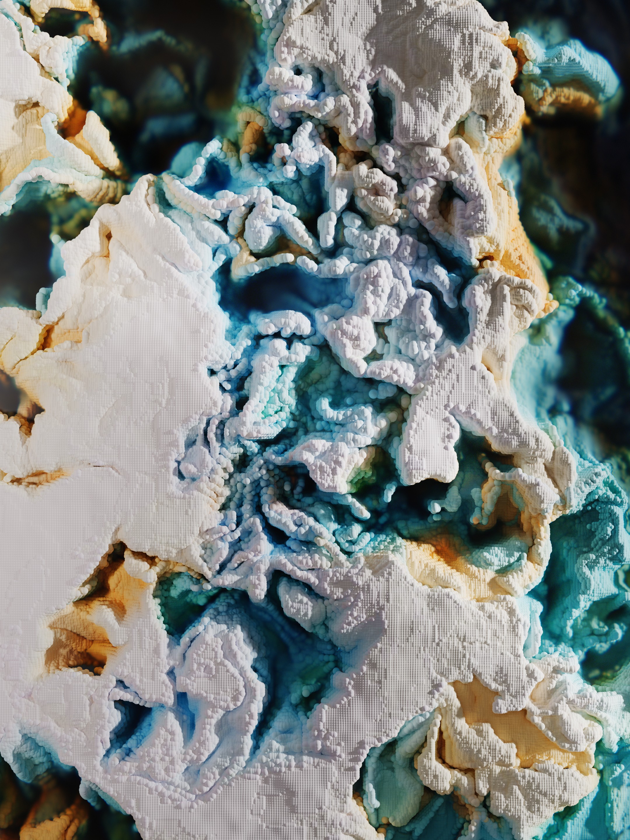 A 3D animated landscape, filled with colorful particle effects and inspired by the unique colors found in Yellowstone’s geothermal features