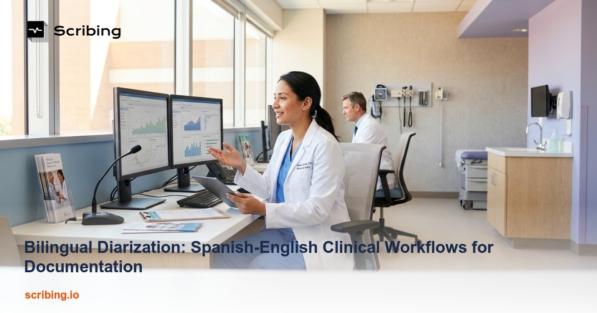 Illustration representing bilingual speaker diarization technology used in Spanish-English clinical documentation workflows