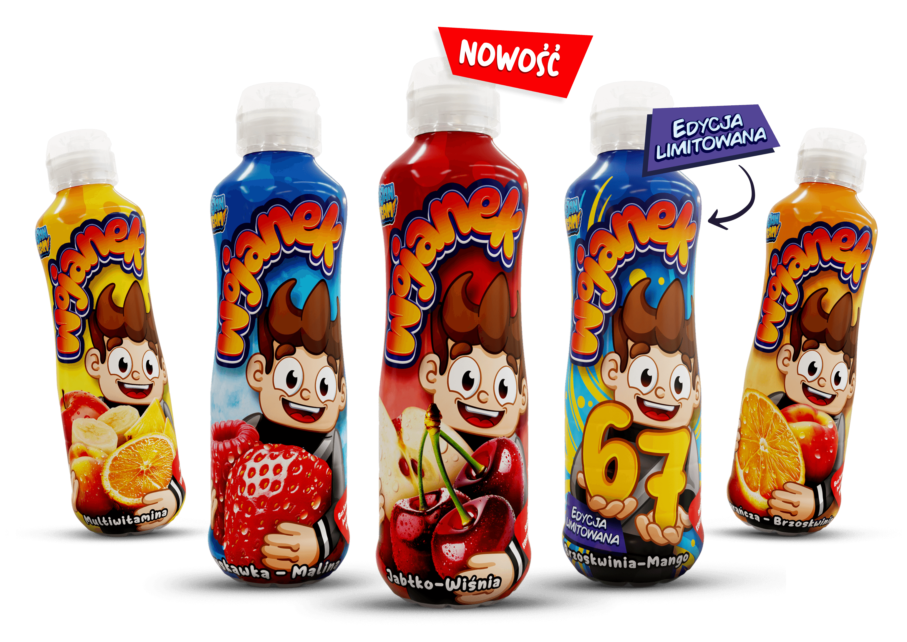 Wojanek – napój owocowy w butelkach, smaki truskawka i malina oraz pomarańcza i brzoskwinia